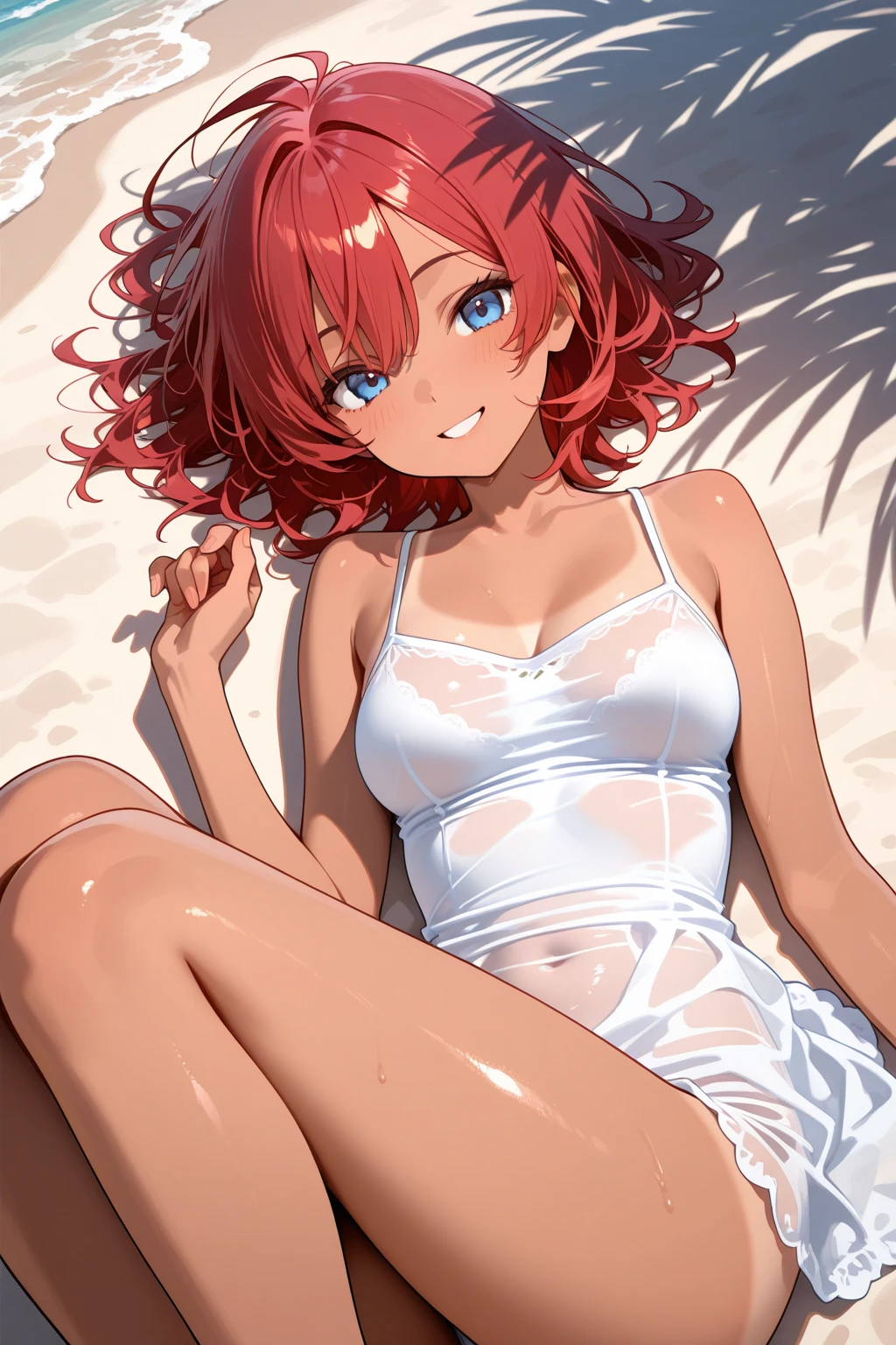 ((Лучшее качество)), ((шедевр)), (подробный), , girl, small, short, red hair, in panties, in a bra, on the beach, with a lustful face, happy face, face in sweat, body in sweat, legs in sweat, flowed, wet panties, shine on the body.