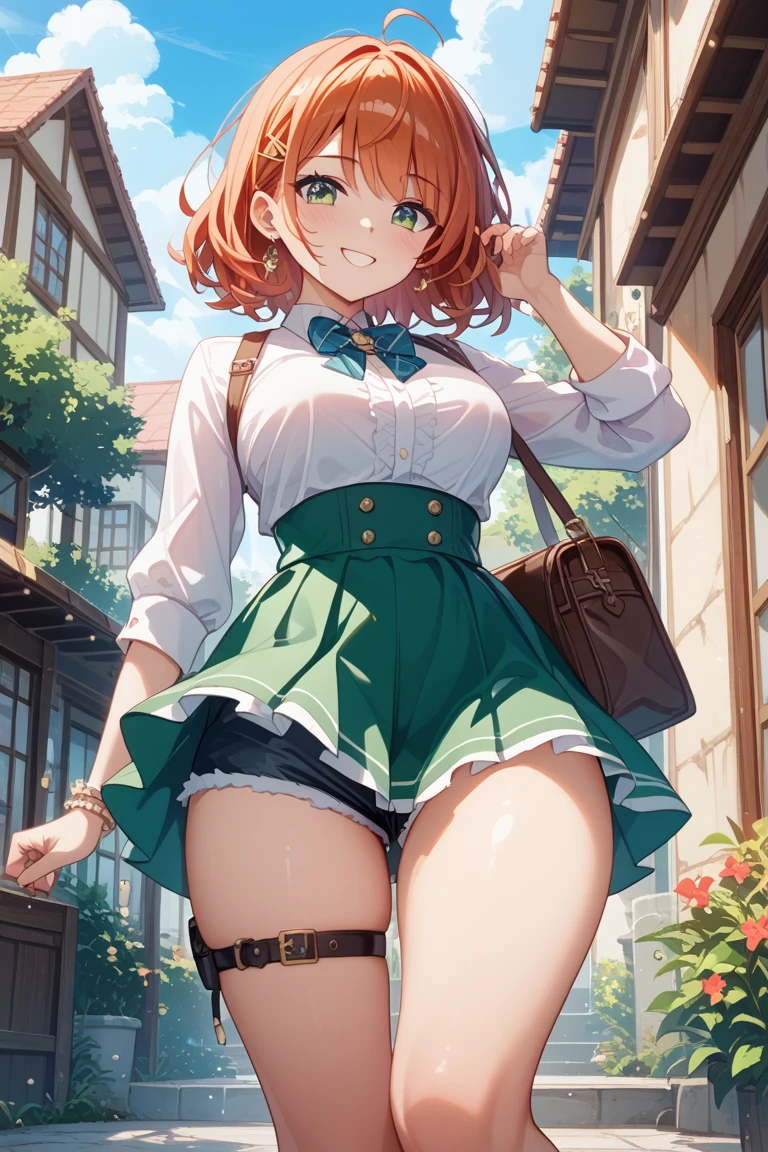 ​masterpiece, top-quality, Hi-Res, nn1, 1girl in, Hair Ribbon, short-hair, Green skirt, No shirt, Black cardigan, Open your clothes, long-sleeve, shiny oily skin with high contrast,, huge long breasts, Naughty big、Big breasts emphasis、Light blue pants、(Wind、wind lift、Skirt lifted by the wind、Skirt rolled up by the wind、Skirt flutters:1.5)、(Fully exposed panties:1.5)、white ribbed panties:1.5、(is standing:1.7)、red blush、embarrassed from,爆乳、A smile、No bra、I can see my、