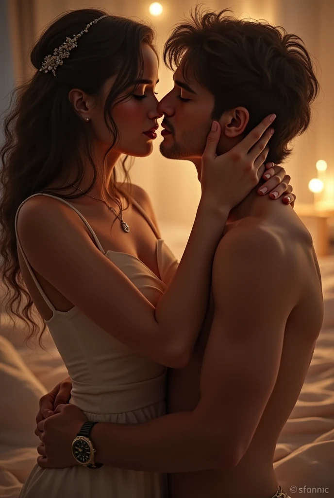 Boy and woman, beautiful woman, kissing each other with passion, in a bedroom, bright room, candles lit, night time,