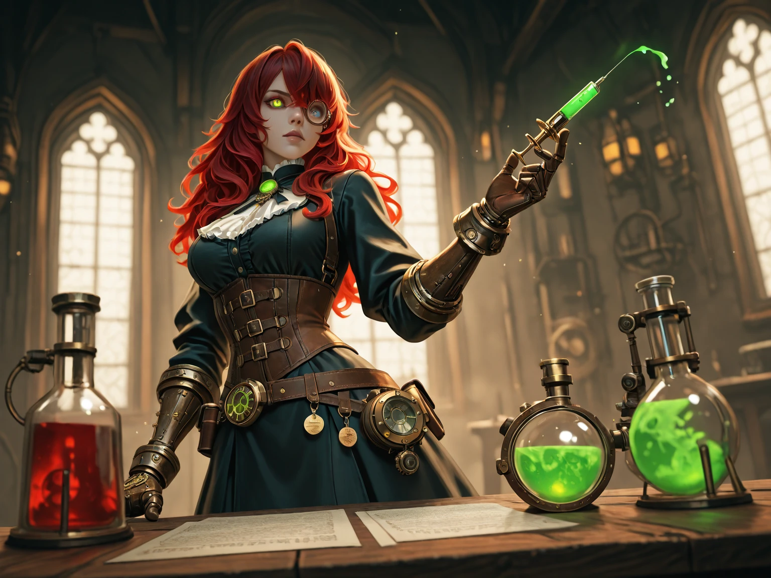 (Embarrassing:1.6) female girl, (blonde scruffy messed up hair), detailed face, agitated, looking at an alchemical reaction, medieval fantasy, potion in her hand, fuming, strange liquids and herbs, (stained and burnt clothes), leather apron, BREAK big wooden counter in foreground, alchemist instruments, herbs, oils, alchemical reactions, smoke in the air, spectacular, medieval fantasy