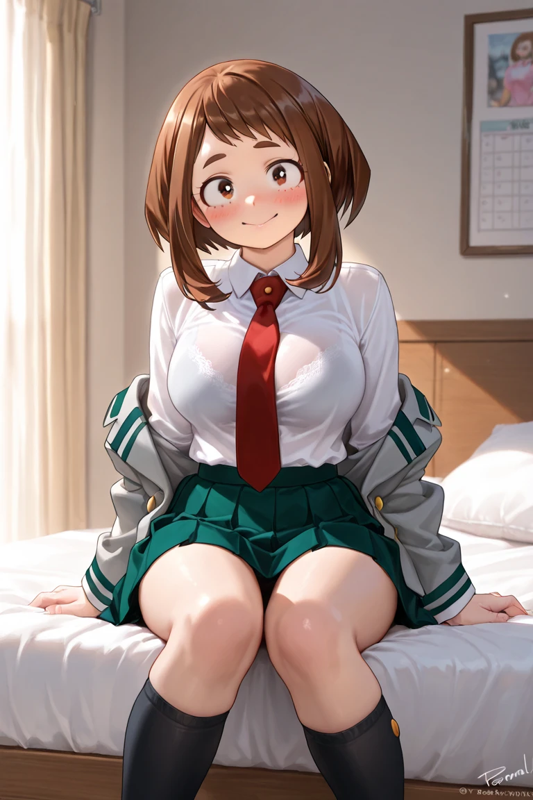 masterpiece, best quality, high contrast, professional photography, soft light, sharp focus, 1girl, hmochako, blush stickers, short hair, medium breasts. school uniform, green skirt, pleated skirt, red necktie, black pantyhose, white shirt, long sleeves, grey jacket,beautiful brown eyes, cleavage, big breasts, sweating, blushing, heavy breathing, masturbation from below, Grab your own breasts, Spread your legs, Raise your legs, underboob, visible bellybutton