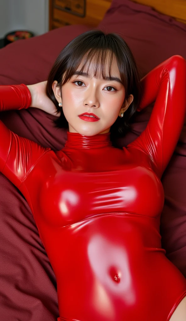 (RAW Photos:1.2)、Highest quality、Beautiful detailed girl、Tight red latex suit、Red latex bodysuit, Laughter、Highly detailed eyes and face、Beautiful and detailed、Large file size、High resolution、High resolution、More about 8k wallpaper、Highly detailed Ticker Uniform 8K Wallpaper、Light on the face、Cinema Lighting、16-year-old girl、Sexy pose、(Photorealism:1.4)、Raise your consciousness、Surrealism、 From below、Super Detail、masterpiece