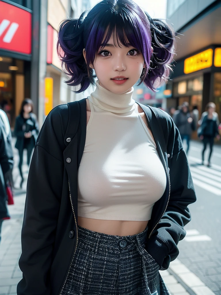 beautiful lady, rainbowcolor hair, medium_breast thin_waist, fluffy tight knit shirt off−shoulder, fluffy knit_hat, knit skirt, black thighhighs,night street,underboob, shirt