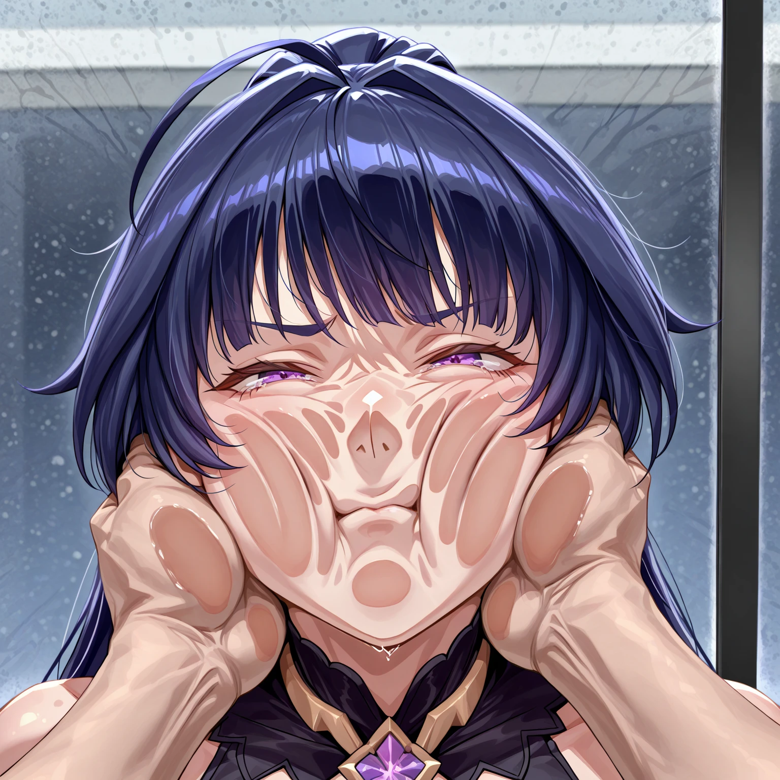 A women, wearing sexy bra,large breast,clothed sex, detailing art,oral sex POV,eating penis,semen in crotch, spitroast, threesome, grabbing head, deepthroat,ahegao,cum on clothes,cum on hair,sucking penis, purple hair