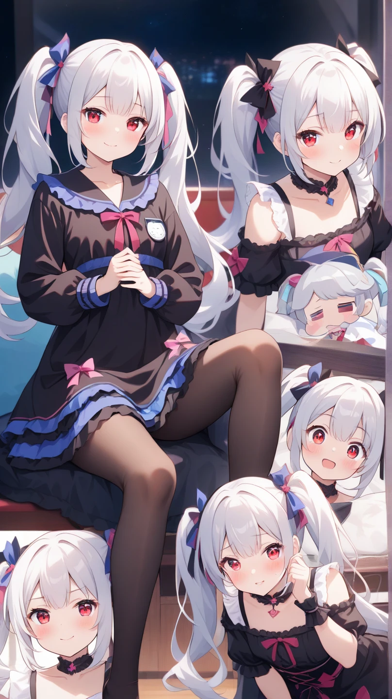 masterpiece, best quality, highres, bbyorf, long hair, white hairband, red eyes, gold earrings, large breasts, jewelry, off shoulder, red sweater, sweater dress, long sleeves, black pantyhose, cowboy shot, standing, from below, spread legs