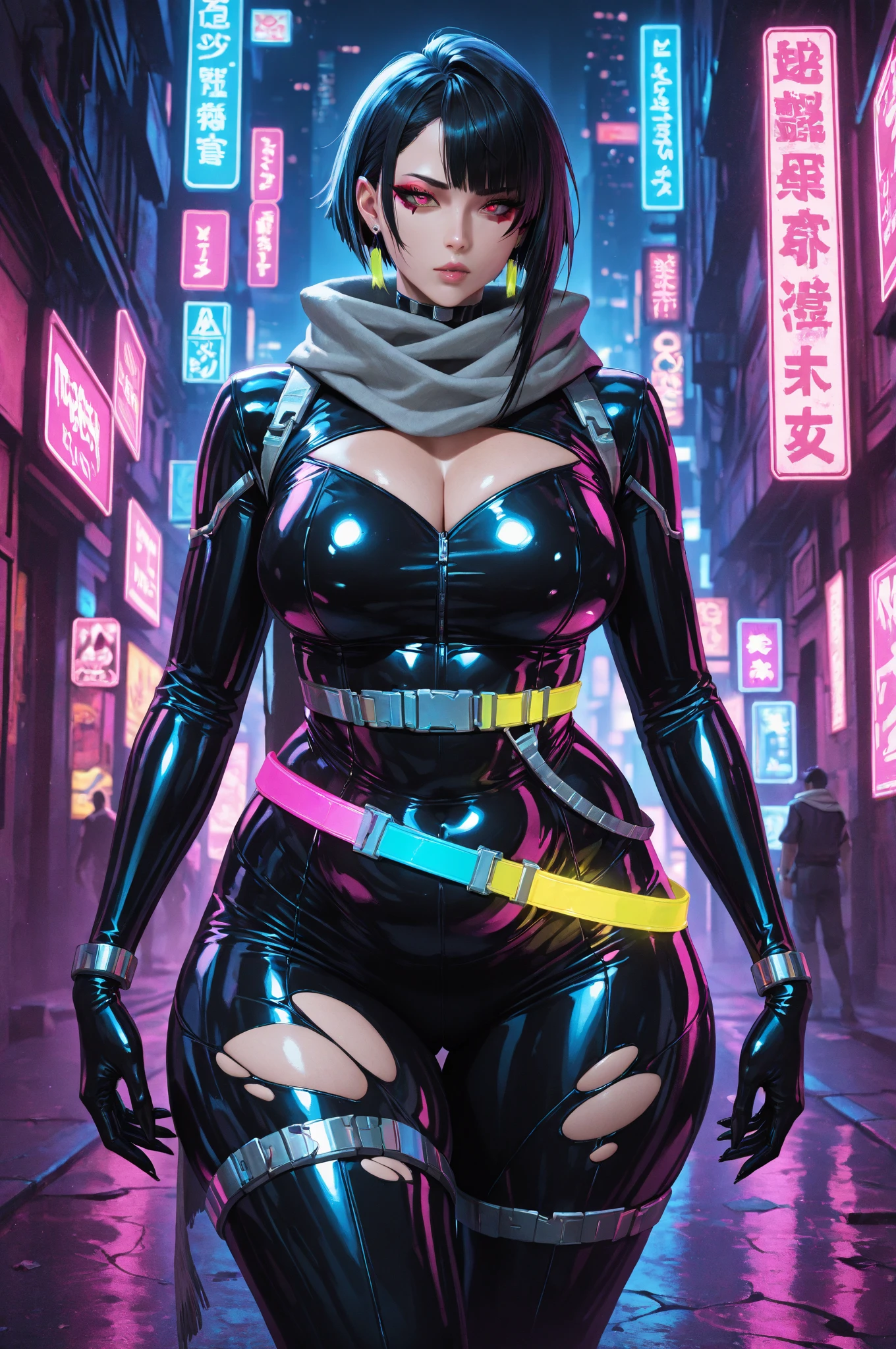 A girl in a tights backpack cyberpunk futuristic city street, Neon, Skyscraper animation style character design concept big breasts expansion 3d