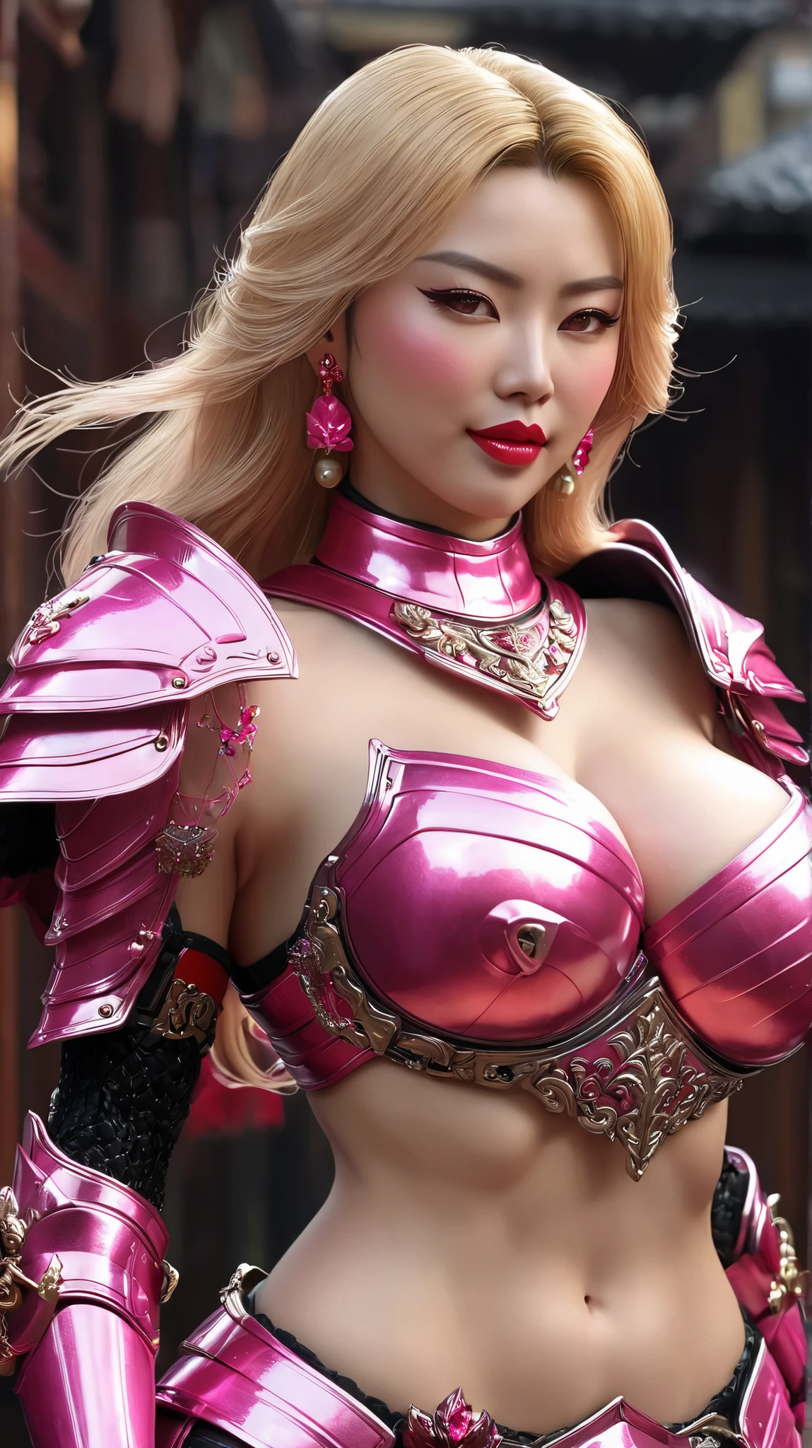 1 girl, Korean model, extremely beautiful, perfect body. Canon RF85mm f/1.2, 8K, lifelike, masterpiece, sharpest and highest contrast, super realistic color images. Her hair is pink, long and smooth, the wind blows it beautifully under the bright sunlight. Beautiful face, perfect and sexy, holy, perfectly proportioned, beautiful in every detail, ((shiny)), high-end cosmetic makeup. Bright smile, pure white teeth and details. Sexy glossy red pair, brilliant glossy red lips. Brown eyes, glossy, seductive, ((sharp makeup)), realistic, ((wet eyes)), details, pink eyeshadow, eyelashes, blush, high-end cosmetics. Two delicate eyelids, perfectly beautiful and detailed, black eyelashes. Eyebrows are curved, sparse, sharp and detailed. High and detailed nose. Blush, prominent and detailed cheekbones. ((Bright white skin)), detailed pores, shiny skin, smooth and shiny skin. Hands are beautiful, perfect, ((no flaws)), no defects. Her breasts are big and full, her nipples are prominent and detailed, her cleavage is deep and firm, tight under her bra. Buttocks are plump and fit into underwear. Mesh bra, metallic thread, ((shiny)). Body-tight underwear, bright red color. Luxury bedroom. Professional model pose. ((Golden armor)), ((dragon scales)), richly decorated, ((long golden boots)) with fancy decorations, necklaces, chokers and jewelry of ((solid gold) )), large gold earrings, necklaces, bracelets, belts, emeralds. Cinematic goddess body shot, extremely detailed goddess shot, goddess.