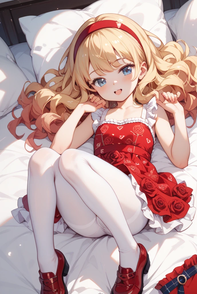 ((masterpiece)), ((best quality)), baby girl, ((blue-blonde and red eyes)), fair complexion, ((cherubic body)), round cheeks, ((babyish features)), ((dress with flowers and bows)), ((socks with little polka dots or bows on them)), ((blonde curls falling gently on forehead and shoulders)), soft gaze, ((playful expression)), ((dimple on one cheek)), ((pure innocence radiating from the image)), top-resolution, top-quality, exquisitely detailed, colorful, it's a beautiful representation of childhood. Lying on the bed, ????? (showing vagina), (showing breast 1.5) no panties