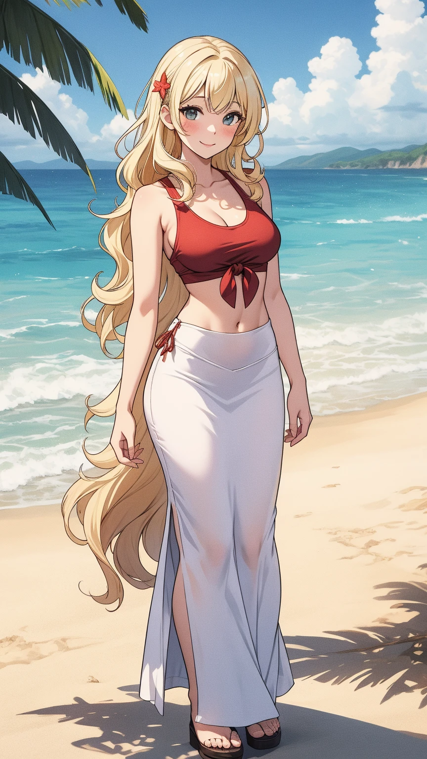 (1980s anime), harem outfit, Female, European,  Golden locks cascading in loose waves down to her waist, Crystal-blue eyes,  fair and porcelain skin with a few freckles, Slender and delicate, dancer's physique, Desert Oasis, water, palm trees