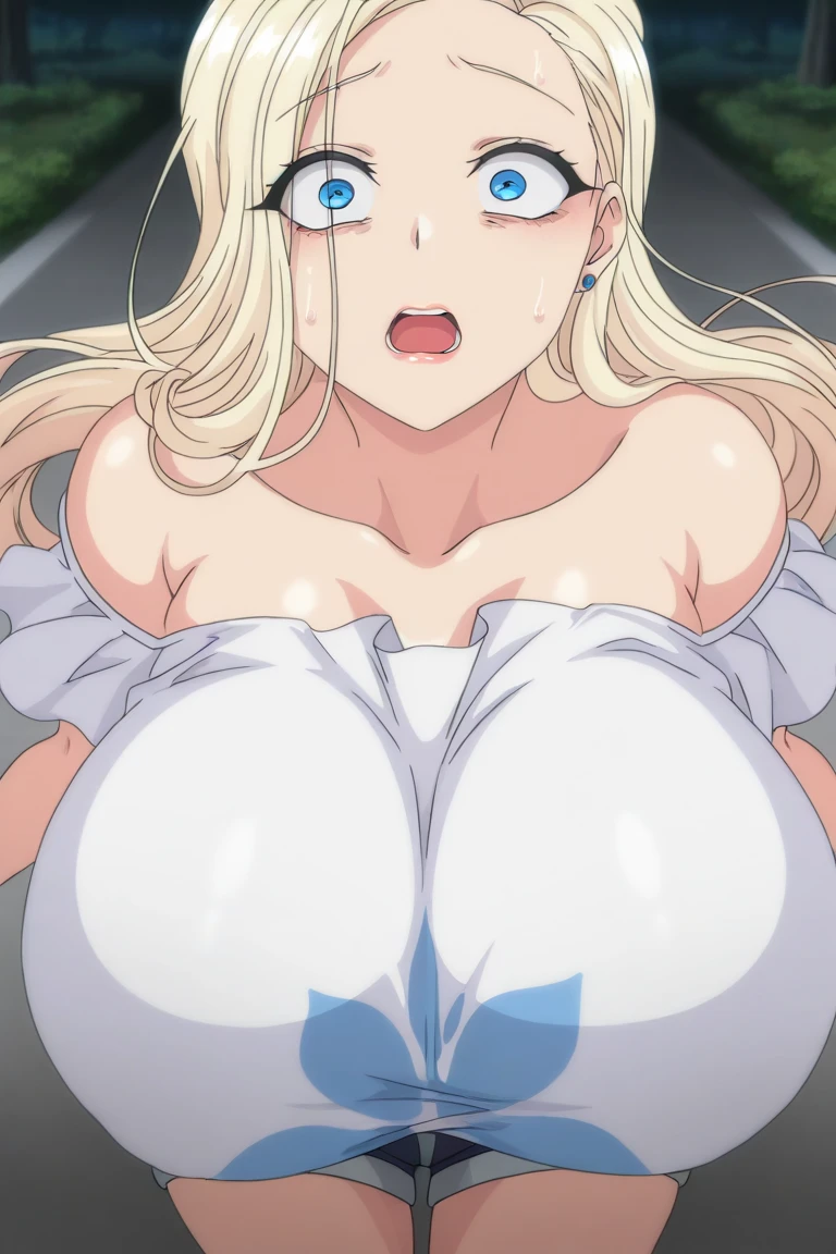 highest quality, High resolution, (huge breasts:1.2), capricious hierarchy, blonde hair, green eyes, hair intake, long hair, low-tied long hair, Glasses, blush, embarrassing, (((full nude)))big breasts, nipple, blush cheeks, breathe, Sweat, undressing, break the hetero, (hetero couple), ((Ahegao)),1boy,1girl,breasts,nipples,hetero,paizuri,solo focus,penis,pov, white dress shirt, bedroom, rub your own breasts