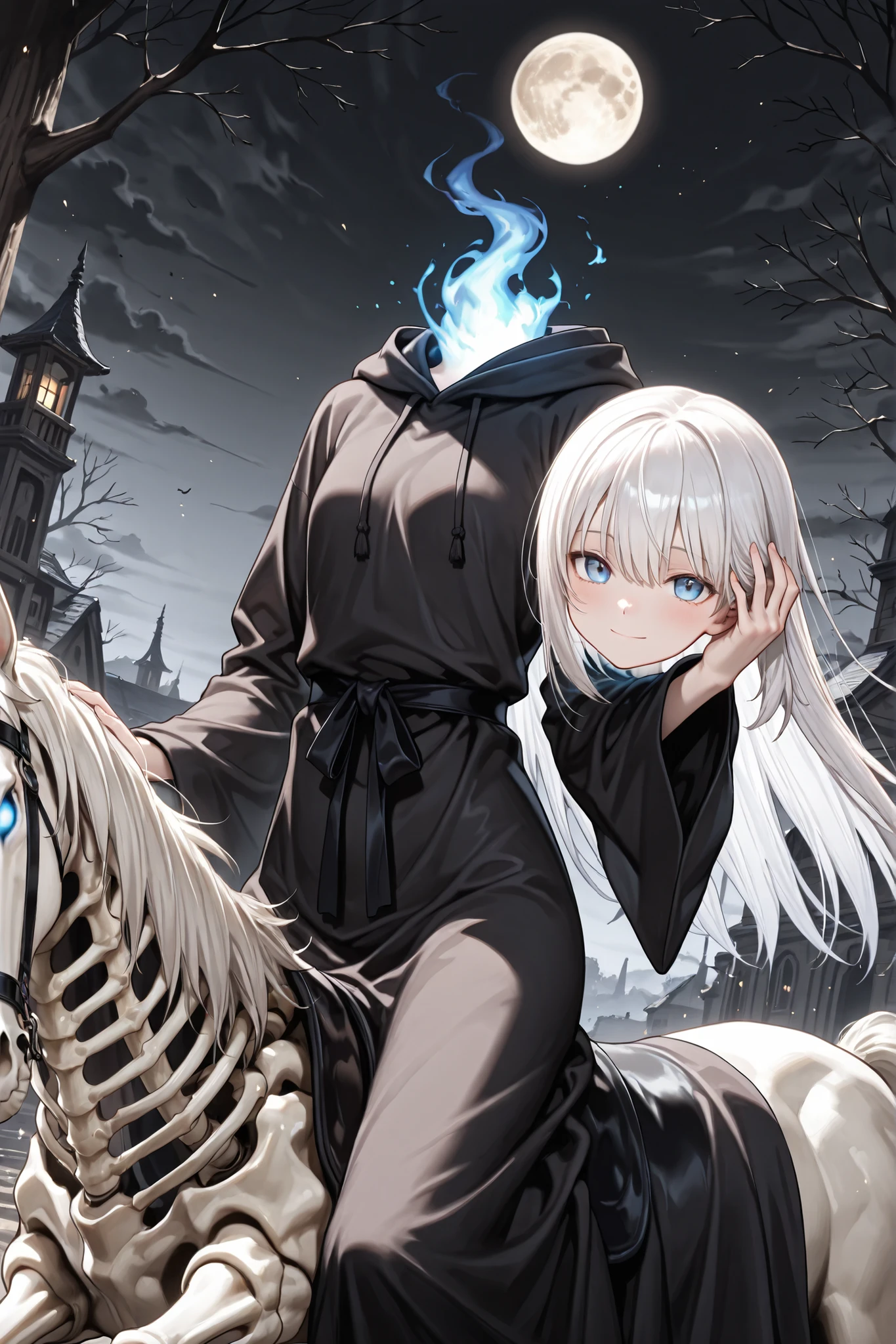 ((Masterpiece)),((best quality)),((incredibly absurdres)),((8K)),(semi realistic),(sensitive),
1 girl,solo,young female,aged down,detached_head + holding head girl,kawaii,small breasts,(dullahan),disembodied head,headless,
a ghostly dullahan under the full moon,(riding a skeletal horse),wearing a tattered black Plain robe that flows in the wind,the rest of her body fully covered in light fabric, no armor, minimal skin exposure,eerie and desaturated color palette, predominantly black and white, mysterious and haunting atmosphere, dramatic lighting, cinematic composition,Ruined Village,
subtle mist in the background, particles floating in the air,
(dullahan, holding own head with white hair,long straight hair and blue eyes,
light smile,look at viewer,
upper body,dynamic angle,dark background,