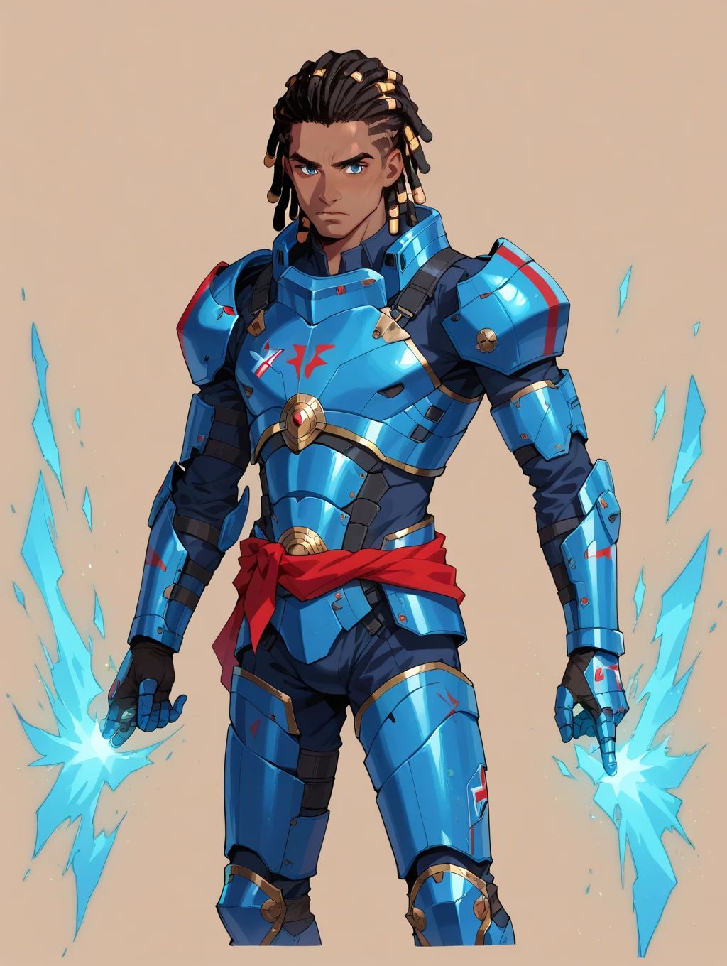 science fiction light  armor,,Dark-skinned male teenager, biotic super power, blue energy, african hair dreadlocks, light armor, ,flat color, blue armor, ,flat color,light armor, , blue and gray armor, , in a battleground ,, Strenua, in battle scene with background , red long sash,flat ,, lght armor red and blue, young, 1boy solo,young man  teenager  tall