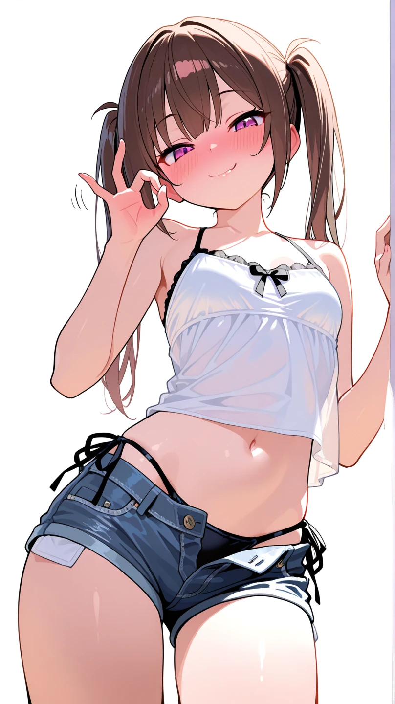 cutest puppy girl, Exposed tummy, shorts, Bare shoulders, pigtails, Bunny bra, white pants, sexy body