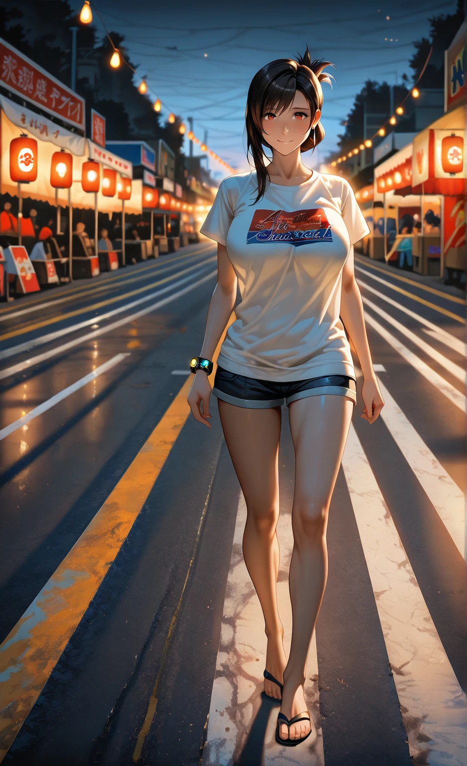 raining night,city,A beautiful woman with gyaru makeup and sports outfit on the bustling streets of Gintama., surrounded by vendors, beautiful portrait of a stunning goddess girl, beautiful detailed face, Porcelain skin, full body shot, centered, ultra soft lighting, symmetry, Intricate, elegant, Very detailed, photorealistic, art station, Conceptual art, seeds, as greg rutkowski and borris vallejo imagined it, cover, model of ochako uraraka, very big chest