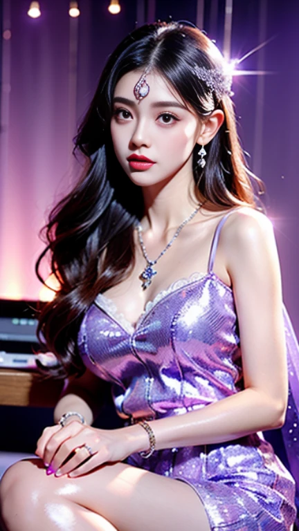 1girl, alone, solitary, high quality, (best quality,4k,8k,highres,masterpiece:1.2),ultra-detailed,(realistic,photorealistic,photo-realistic:1.37),gorgeous hair,light brown hair,long hair with bangs,sharp eyes,mole under the eye,plump lips,jewelry,(high detailed skin:1.4),(rim lighting:1.3),(lit:1.3),(sunny day:1.3),portrait,beautiful lips,waist-length hair,seductive gaze,moles,casual clothes,colorful clothing,close up,super long hair,choker necklace,bangs,fringe,dimples on the cheeks,dimples,brown hair,lighthair,brown hair,black,red lips,red lipstick,round lips,round pouty lips,pouty lips,douyin makeup,sparkly makeup,glitter,blue,green,pink,purple,wine red,highlights,colored highlights,piercings,gems,glitter,lipstick,lip gloss,tattoos,tattooed,navel piercing, girl,small waist,innocent
