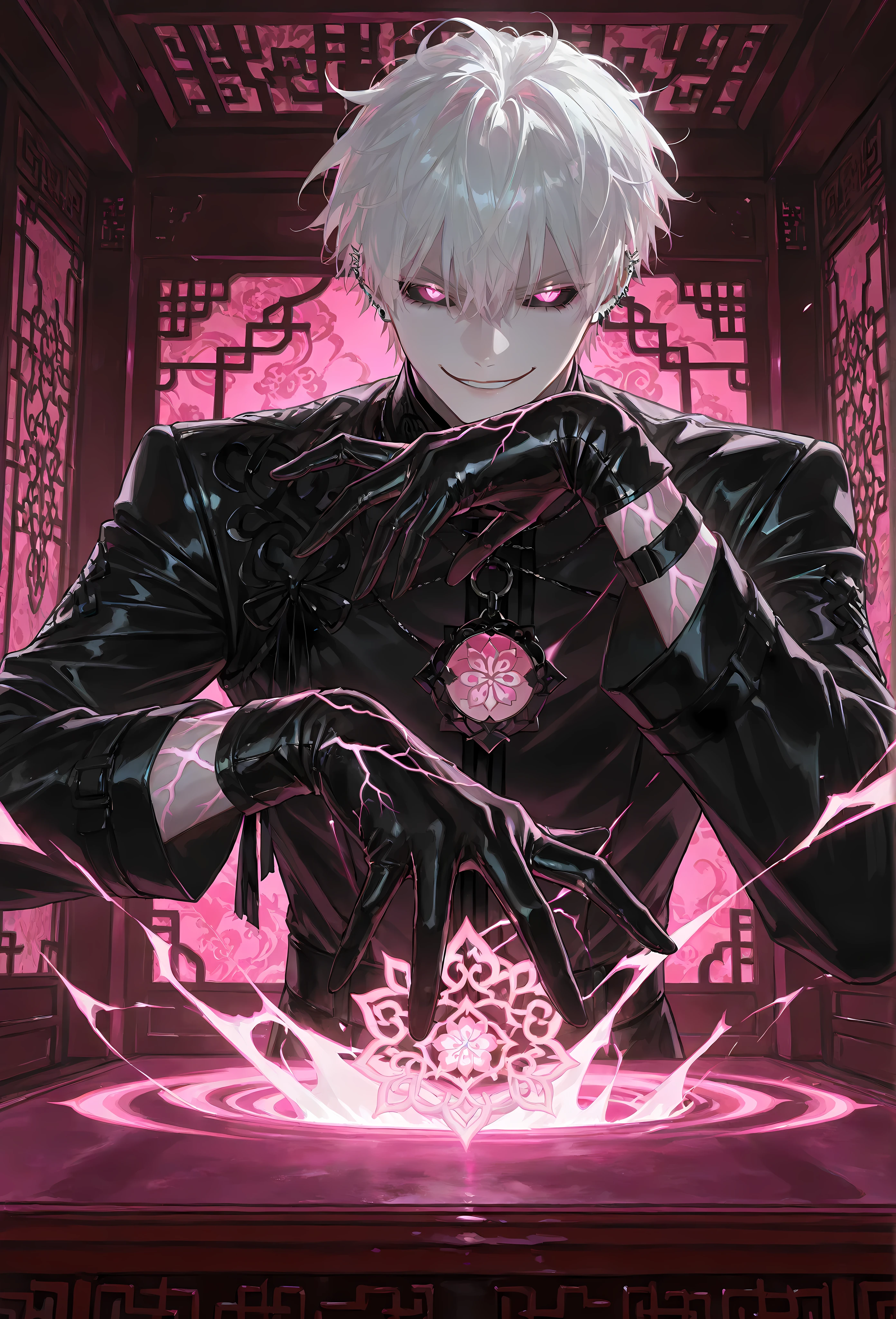 8k, beautiful masterpiece, looking out at the front, alone, super pale skin, Perfect Eyes shape, Athletic Build, ((He wears: Black Elaborate Daopao (道袍), Pink Jade Amulet, Black Leather Gloves)), (((background is Chinese opulent room, smirks while casting a spell))), 1 man, mature man, male-centered, handsome man, handsome, short hair, messy hair, white hair, silver ear piercings, pink glowing veins, Thick painted, (((pink eyes (vertical slid pupils); black sclera))), Perfect Eyes, masterpiece, top quality, amazing quality, exquisite details, very detailed, semi-realism art, semi-realism art style