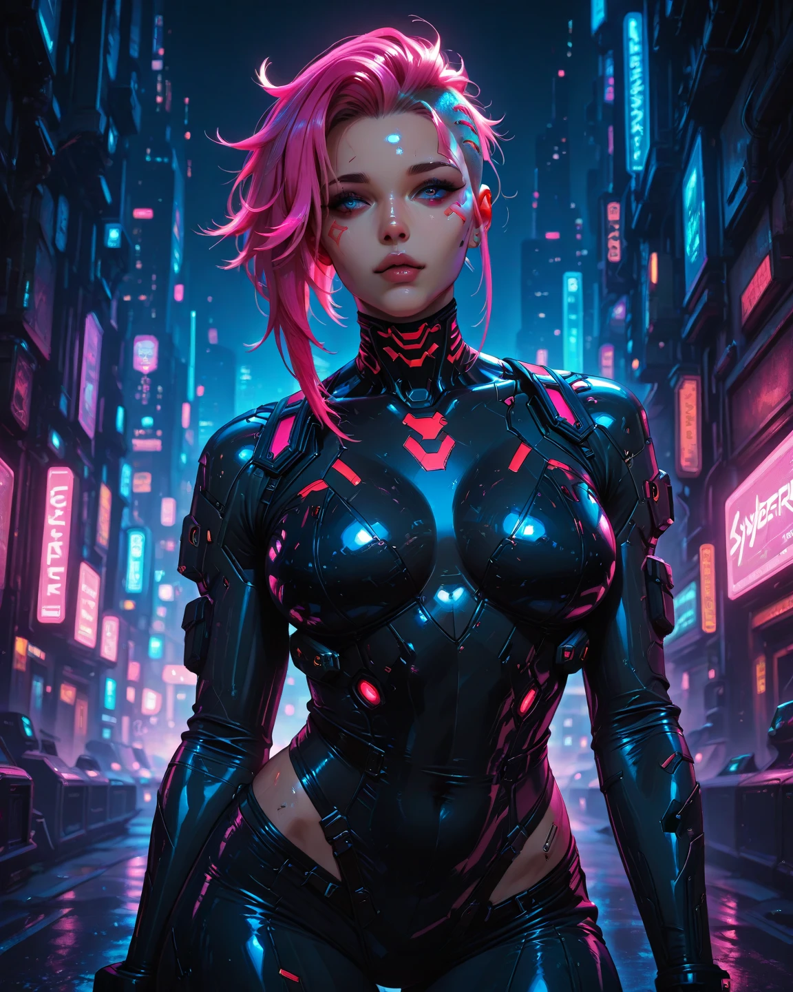 a cyberpunk girl, cyberpunk aesthetic, neon city, holographic interface, futuristic technology, intricate machinery, glowing panels, chrome accents, high-contrast lighting, moody color palette, dramatic shadows, detailed facial features, piercing eyes, strong jawline, sleek pink hairstyle, android implants, robotic limbs, advanced prosthetics, glossy skin, luminous aura, (best quality,4k,8k,highres,masterpiece:1.2),ultra-detailed,(realistic,photorealistic,photo-realistic:1.37)
