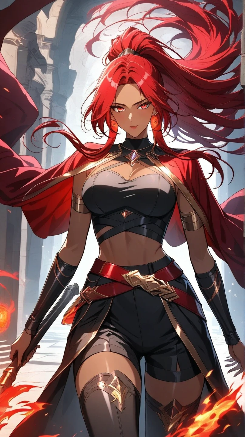 photorealistic:1.4), (masterpiece, sidelighting, finely detailed beautiful eyes: 1.2), masterpiece*portrait, realistic, 3d face, glowing eyes, shiny red hair, lustrous skin, solo, embarassed, (midriff), black underwear, leotard,