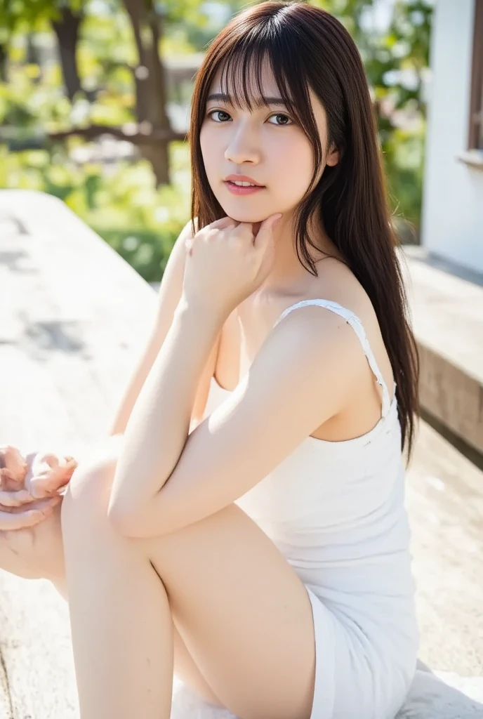 (Best-quality, Masterpiece, Ultra-High-Resolution, (Photorealistic:1.4), Raw Photo, depth of field, professional lighting, perfect anatomy, extremely details), ((front-view, from-below)), 1girl, 15-years-old, the most famous Japanese idol, Sunny day, afternoon, In summer park, (squatting on grass), ((wearing casual-dress with cute-design over luxurious panties)), (extremely cute face like the most popular Japanese idol, (extremely cute and extremely big eyes), extremely beautiful realistic-skins), extremely beautiful hair, extremely cute long-eyelashes, extremely cute lips, extremely beautiful inner-thighs, extremely beautiful knees, looking at viewer, innocent smile