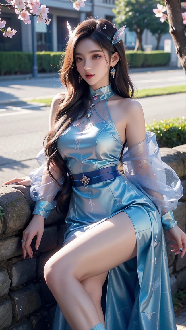 a woman in a blue dress posing on a pier at night, fantasy outfit, fantasy dress, closeup fantasy with water magic, elegant glamourous cosplay, ornate cosplay, beautiful costume, bright blue shiny lingerie, sexy dress, ((a beautiful fantasy empress)), fantasy robe, costume with blue accents, wearing fantasy clothing, sexy gown, glamourous cosplay, beautiful goddess
