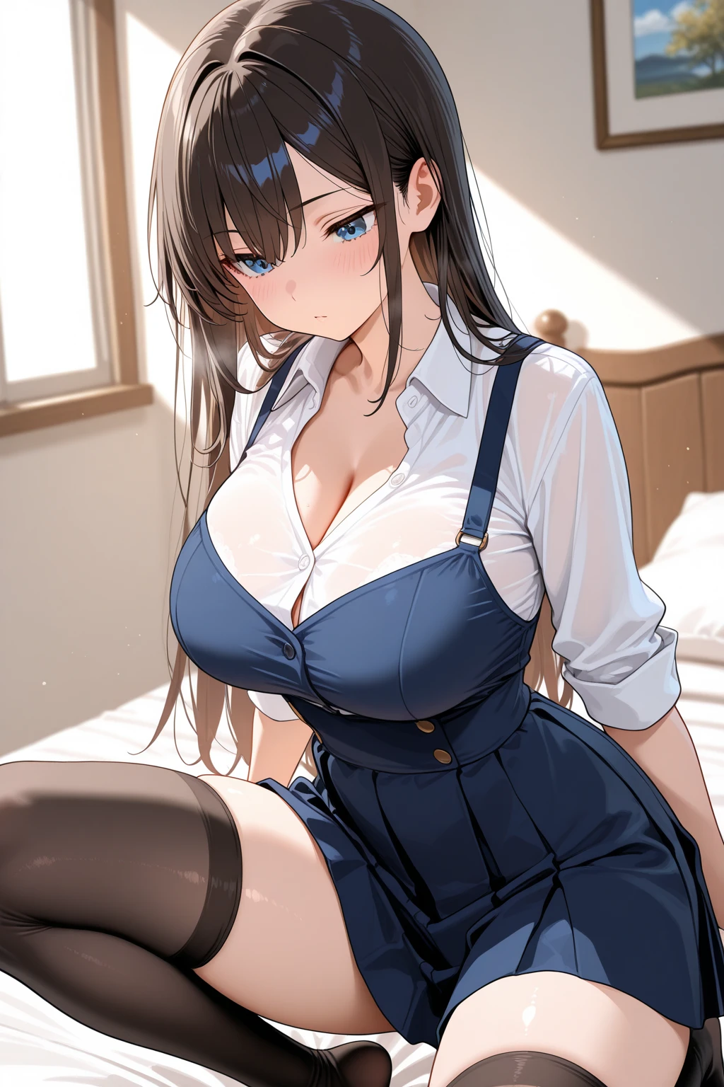 (One lady)、(​masterpiece)、(best qualtiy)、(ultra-detailliert)、(a high chroma)、(CG Illustration)、((Full Angle))、18 year old beautiful idol schoolgirl、Delicate beautiful face、(red blush)、(A dark-haired)、(dishevled hair)、(Anime-style eyes)、((Shoulder top))、See-through clothes:1.3、((Black stockings))、(Translucent panties)、(Dark blue pleated skirt)、(teats)、B cup breasts、((turned around))、(Woman sitting on the floor)、The best lighting、simple background