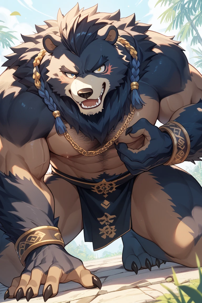 solo, anthro, furry, furry male, skunk,((short fur,furry, shaggy fur, opaque fur)), (skunk print), black pupils, white sclera, black body, black fur, black muzzle, black fur on face, indigo eye, big skunk tail, detailed  fur, detailed face, detailed eyes, (Mayan clothing, Mayan neckpiece, Mayan bottoms), Mayan temple, lots of pillows and soft surfaces, (by null-ghost,by raccoon21, masterpiece, high quality, hi-res, 8k, hd, dark), standing, offering hand to viewer, looking at viewer, day, gentle expression, musclegut skunk man, muscular, big belly, fat belly, obese belly, pillowy pectorals, soft pectorals, big pectorals, weight-lifter build, broad shoulders, black fur, indigo eyes, pink pawpads, mid 30s, relaxed, lazy, indigo smoke, white Mohawk,