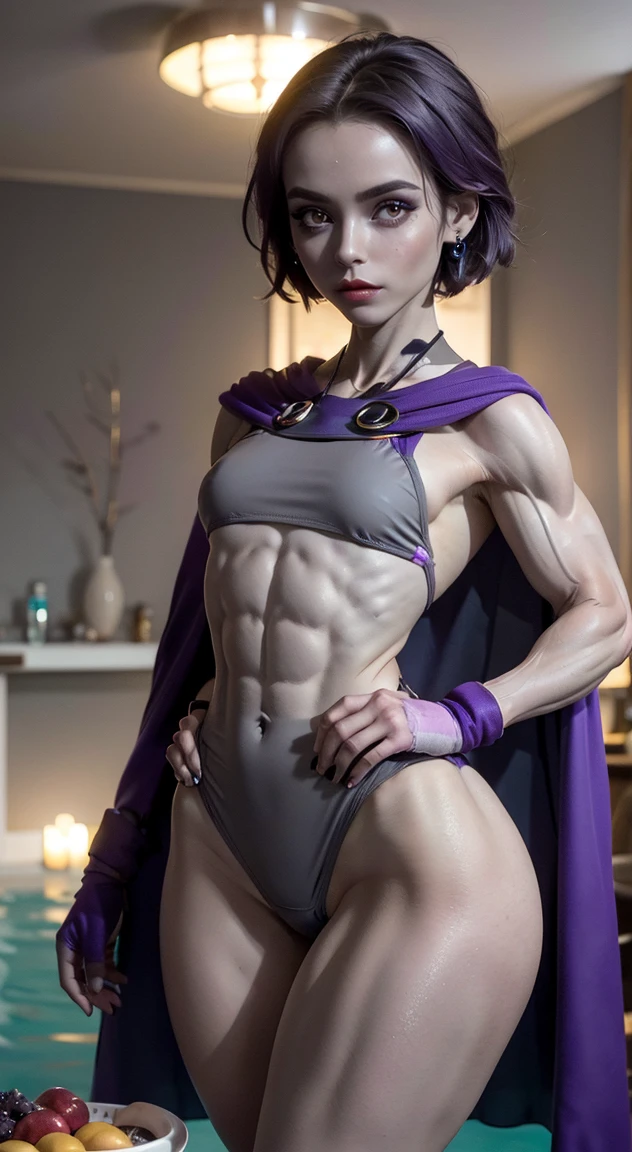 (Muscular:2.4), (thick thighs:1.5),
(female, green eyes, pale skin, jet black hair:1.4), adult, (bob cut:1.4),
(big smile:1.7), detailed eyes,
small breasts,
(earrings, eyeshadow, lipstick),
(leotard, small cape, gloves, skirt, abs window, bare legs, choker:1.7),
(upper body view:2), (three quarter view:1.4), looking at viewer,
rim lighting, two tone lighting, dimly lit