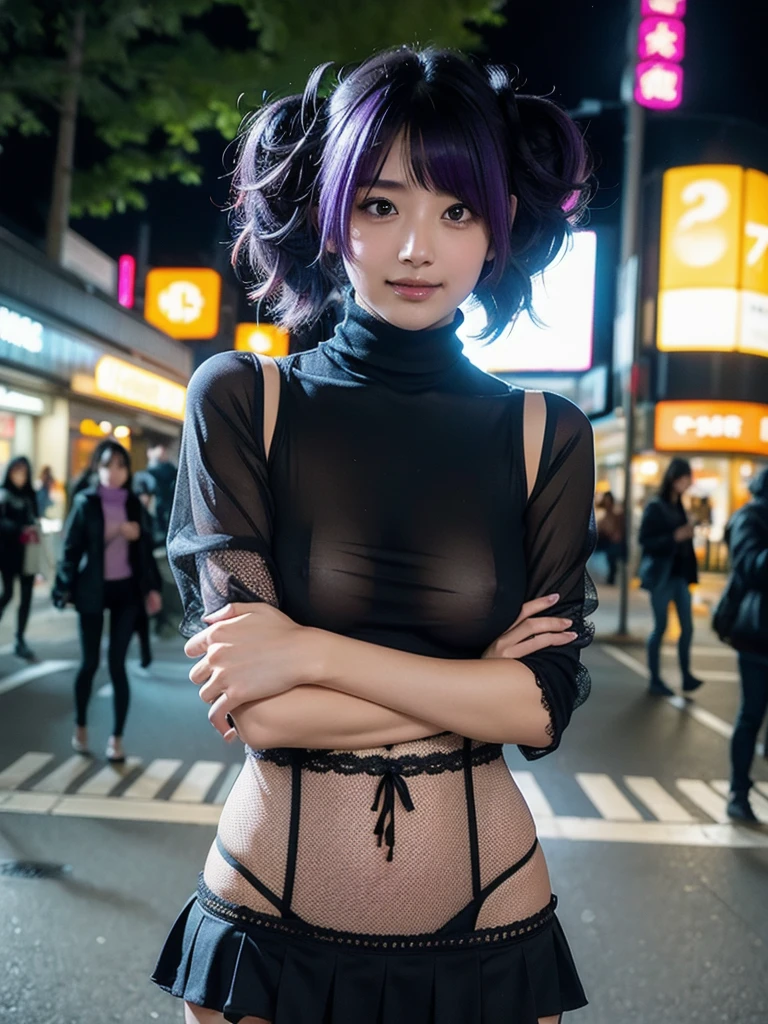 (raining day:1 bun lady,Purple hair combed into a bun, Girl), tmasterpiece, best qualtiy, RAW photogr, realisticlying, the face, Incredibly Ridiculous res, Beautiful elf beauty, ear studs,Get wet all over, (Light purple ultra-short hair,hair-bun), black formal,tiese,(black lence stockings),(Flat shoes),depth of fields, A high resolution, ultra - detailed, filigree, RAWE is very detailed, very detailed eyes and faces, Sharp pupils, realistic pupil, tack sharp focus, cinmatic lighting,full bodyesbian,Bigboobs,long leges,From the front side,Main street on a rainy day,dynamicposes