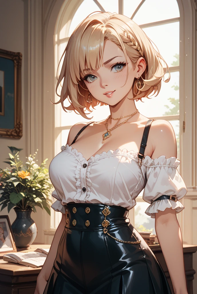 Highest quality 8K resolution,masterpiece, Exquisite detail, Realistic, Realistic, Soft tones,Color Palette, Alone, (25 years old:1.6),(Small eyes,Yellow Eyes:1.5), (Short Hair:1.5), Shiny silver hair,Asymmetrical bangs,(No bra), (No sleeve,mini skirt,lift:1.5),(Simple underwear,panties),Beautiful proportions,Open your mouth,(Shiny white skin),Very beautiful detailed eyes, (Big breasts,Cleavage:1.3), necklace,Earrings,accessories,Cowboy Shot, Are standing, indoor,7th life,(low length),Sulky look