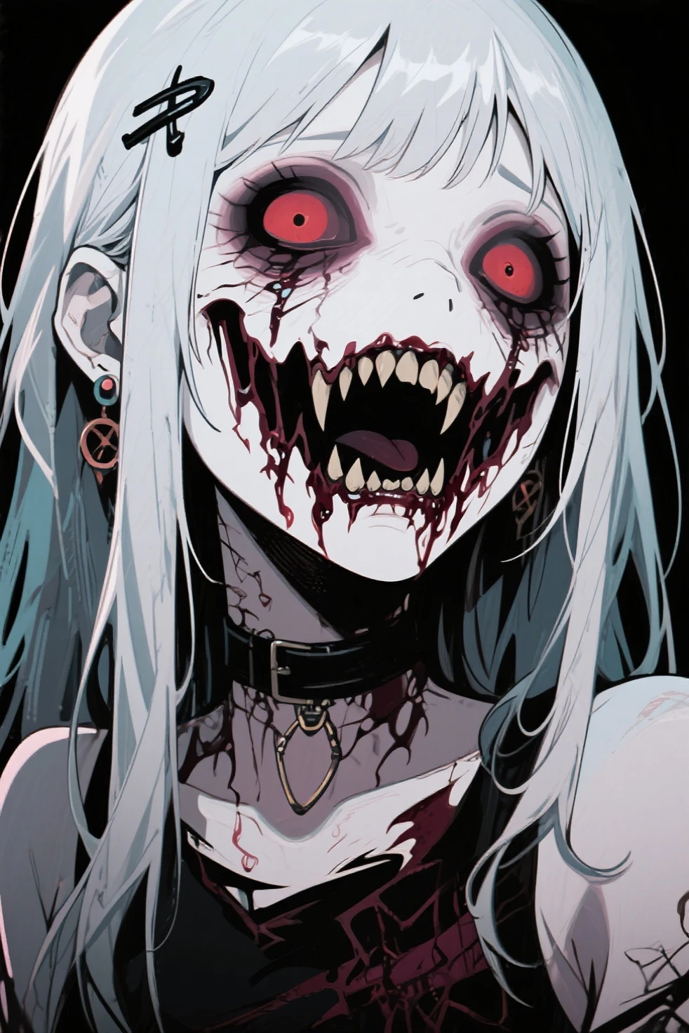 score_9, score_8_up, score_7_up, score_6_up,Madness,1girl,solo,looking at viewer,bangs,red eyes,sharp teeth,tears,eyelashes,glowing,heterochromia,portrait,light particles,close-up,eye focus , yandere , crazy laugh , scary laugh , white hair