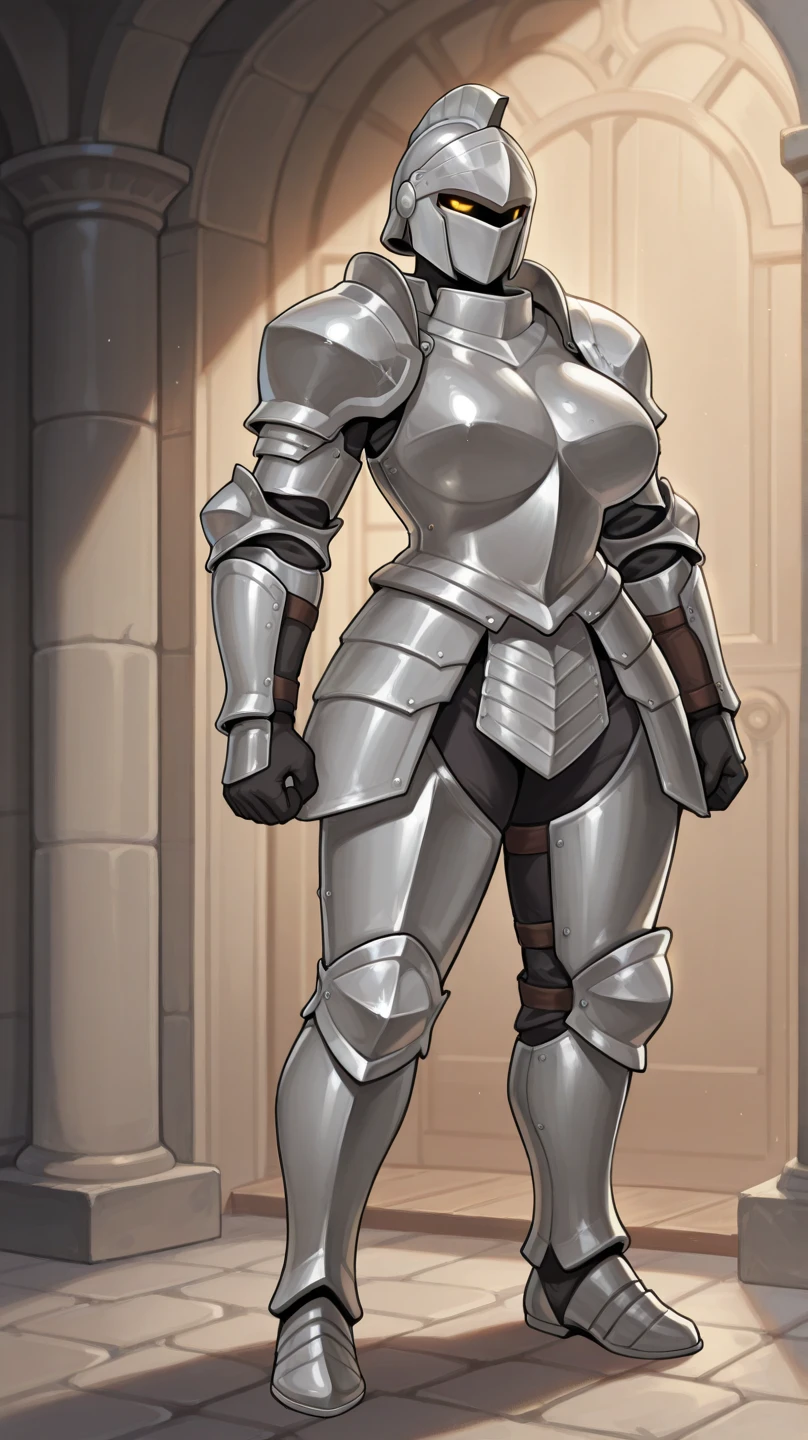 kardia, 1girl, solo, standing, armor, helmet, faceless, knight, visor \(armor\), plume, heart, breastplate, castle, medieval, thigh strap, ((hip armor, chainmail, armored dress, full armor, tabard)), facing viewer, looking at viewer, from behind, huge ass