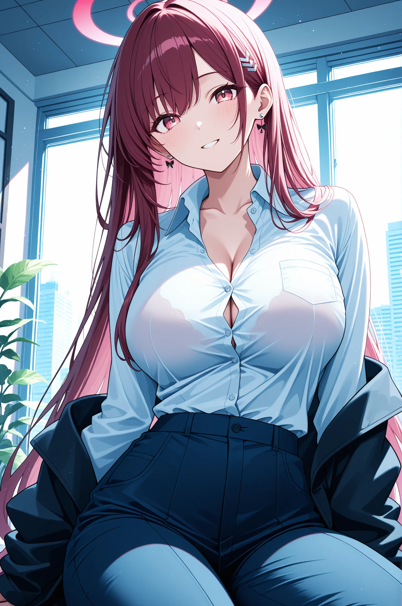 (Night:1.7), Cyberpunk_CityView, Before Window,in front of a wall with a clock,
sitting at attention,sitting on couch,
white shirt,yellow skirt,collarbone, cleavage, puffy_short_sleeves,thighhighs, White legwear, no_bra,
mika jougasaki, hair bow, long hair, pink hair, (yellow eyes:1.5),
1 girl, 20yo,young female,Beautiful Finger,Beautiful long legs,Beautiful body,Beautiful Nose,Beautiful character design, perfect eyes, perfect face,
looking at viewer, (innocent_big_eyes:1.0),(expressionless:1.3),
NSFW,official art,extremely detailed CG unity 8k wallpaper, perfect lighting,Colorful, Bright_Front_face_Lighting,
(masterpiece:1.0),(best_quality:1.0), ultra high res,4K,ultra-detailed,
photography, 8K, HDR, highres, absurdres:1.2, Kodak portra 400, film grain, blurry background, bokeh:1.2, lens flare, (vibrant_color:1.2)
(Beautiful,medium_Breasts:1.4), (beautiful_face:1.5),(narrow_waist),(perfect hands, perfect anatomy),