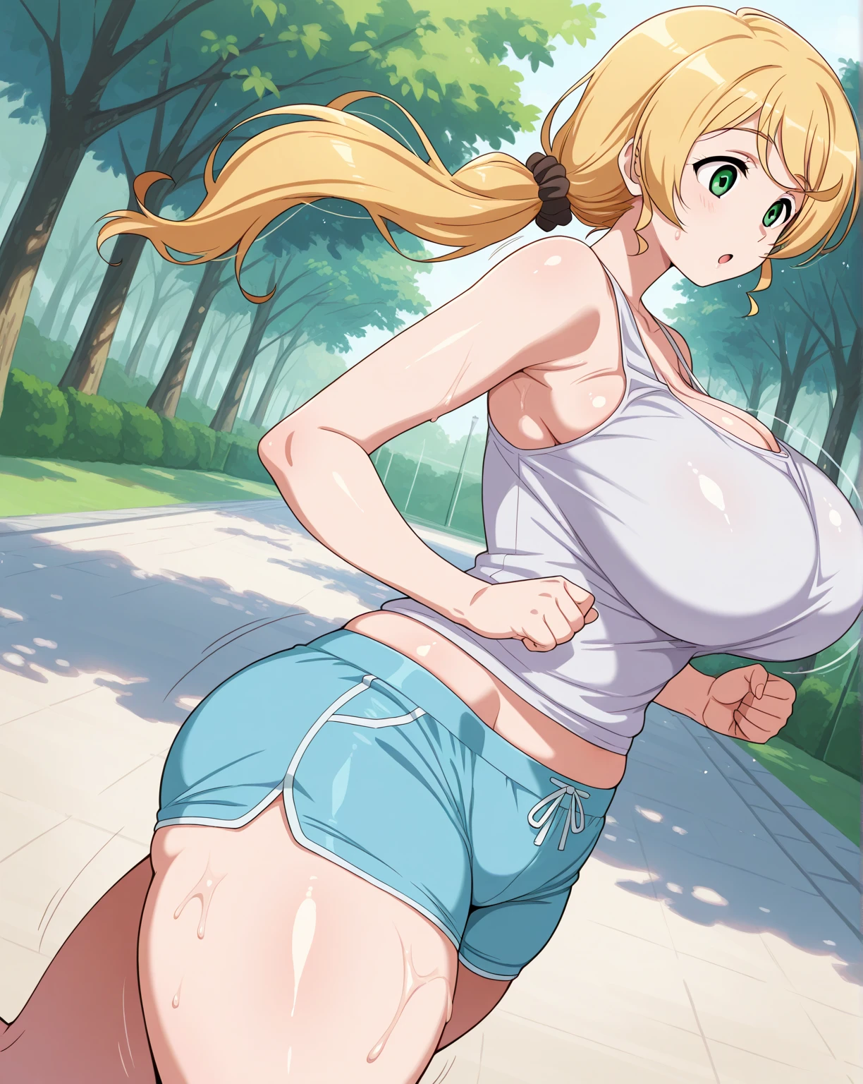Shorts、Plain whitetshirt、running、Sweat、Riverbank、Blonde twin tails、Big Breasts、8-year-old