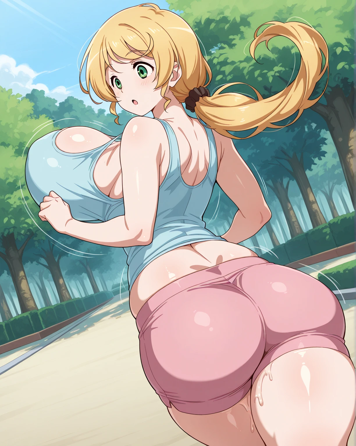 masterpiece, photoreal, high definition, slim waist, long legs, wet skin, huge ass, huge breasts, slim waist, long legs, best quality, absurdres, perfect anatomy, 1girl, solo, Sailormoon, (1990s \(style\), blonde hair, long twintails, smile, blue eyes, bikini, white thigh highs, covered in cum, wet skin, cum drip, bukkake, breast milk, cum on face, cum on tits, lip biting, kneeling, crouching, at the beach