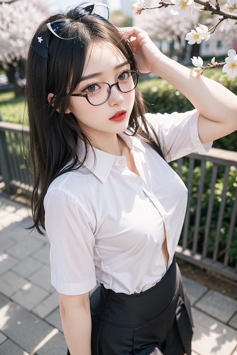 ((best quality, 8K, masterpiece: 1.3)),upper body,Thick black-rimmed glasses,Black Hair, black eye,sharp focus: 1.2, beautiful woman: 1.4, ((ponytail: 1.2)),(magenta skirt、White blouse with lace), (wet from rain: 1.3), (rain, street: 1.2), wet body: 1.2, squatting,Highly detailed face and skin texture, detailed eyes, double eyelids, White skin,E cup,smile,Financial district of the big city,Skyscraper,White skin,Wet Hair、Wet Skin、Wet clothes、smile、 from front