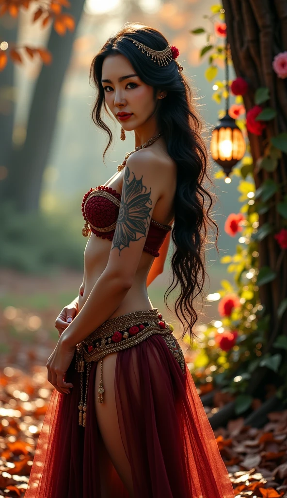 imagine a uhd/hd, highly detailed, full body photorealistic image of a stunningly beautiful demon girl. She is levitating on top of a glowing stone in a beautiful lake full with beautiful pink_Lotus. Her face is drawn extremely detailed with all her facial features symmetrical. Her eyes and red pouting lips are intricately drawn full of seductive expression. She has intricately carved horn and a long tail, both decorated with embroidery and beautiful stones. She has colourful glowing tattoos on her belly. She has a deep sexy navel.her intimate parts are hidden only with flimsy jewellery. Her skin is drawn ultra realistic with lot of detail . Her hair is very long and shiny, adorned with intricate jewellery. Her feets are decorated with beautiful colourful tattoos.