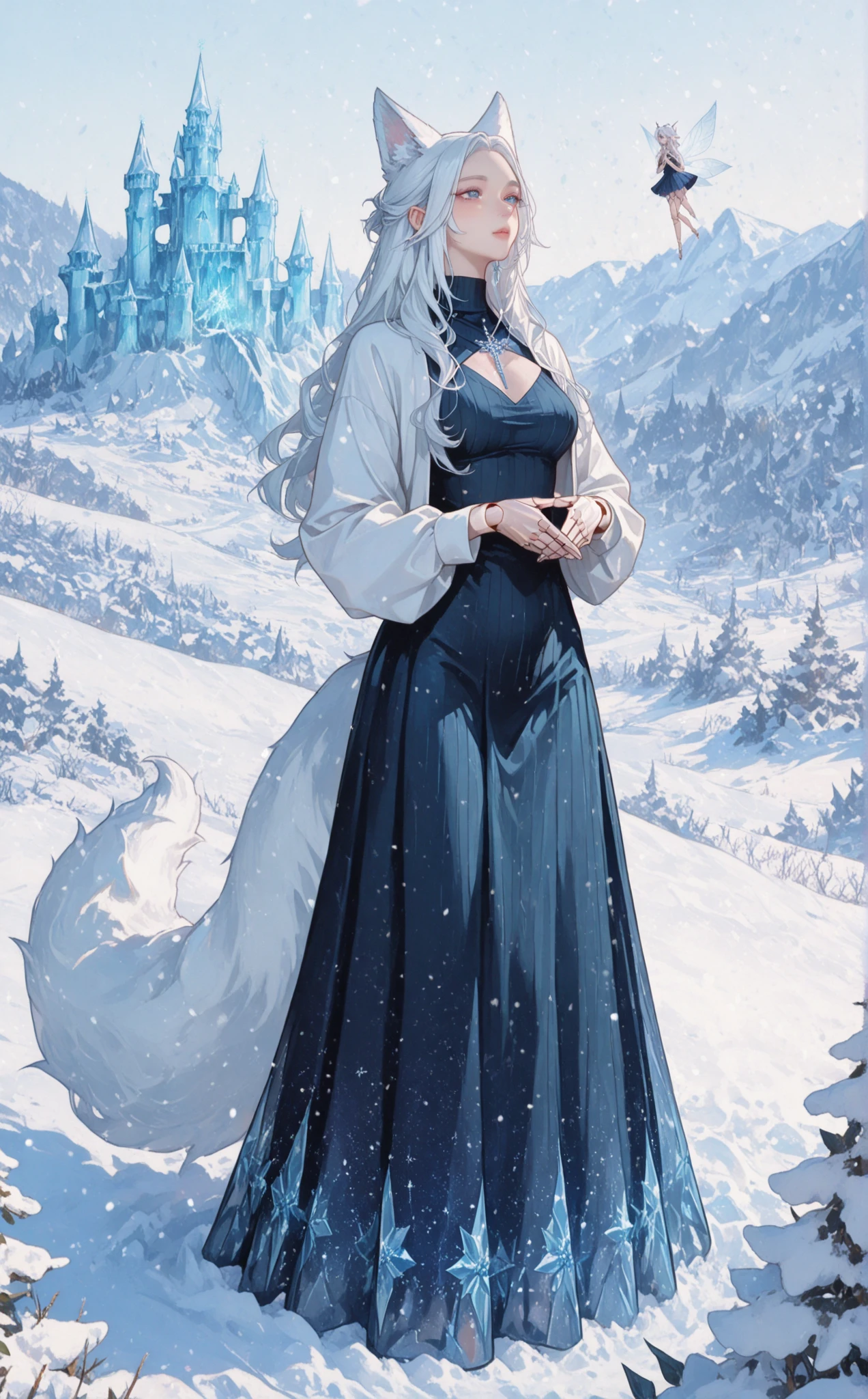 score_9, score_8_up, source_anime, 1girl, solo,The image depicts a female character in an elegant,long skirt,long blue skirt, dress ,blue dress ice-themed outfit. She has long, white hair and a crown-like halo made of ice crystals. Her dress is a deep blue with various icy accents and translucent, shard-like extensions. The background features a snowy, mountainous landscape, adding to the character's wintry theme. . (bound wirsts), (arms behind back), (tapegag, tape gag), dramatic,  (looking at viewer), (detailed pupils:1.3), ,red rope, thick rope, normal breast,full body 