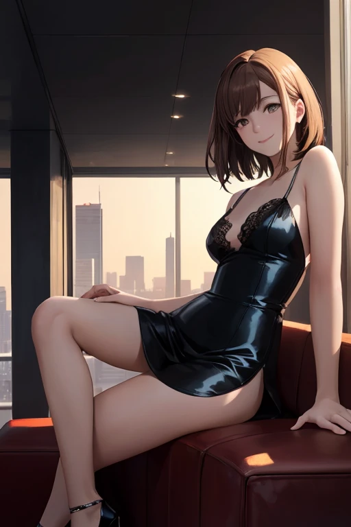 (In 8K, Ultra-high resolution, Best Quality, Masterpiece:1.2), (Realistic illustrations), (Highly Detailed CG Unity 8K Wallpaper), Relaxed girl listening to music with headset, smile, Detailed teeth, はにかんだsmile, Nostalgic Anime, 80s city night view, bike