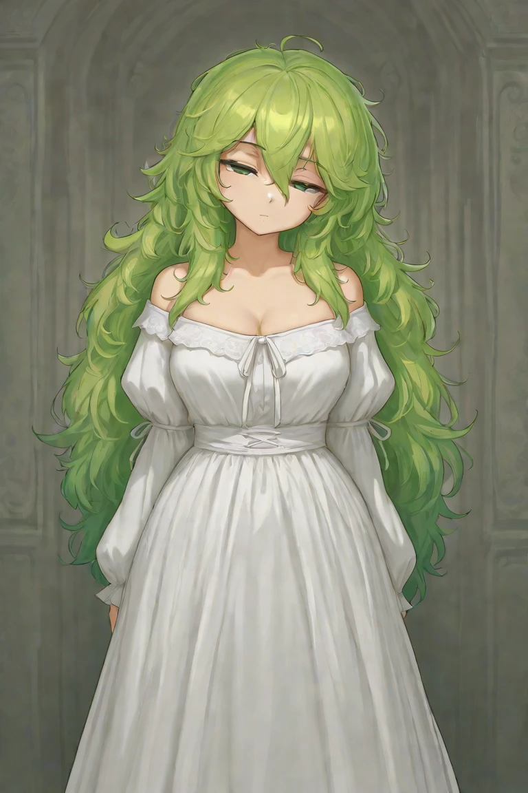 1 Girl, Medium Breasts, Half Orange Hair And Half Lime Green Hair, Split Hair Color, Two Hair Colors, Lime Green Eyes, Nice Eyes, Long Hair Style, Freckles, Nice Lips, Nice Nose, Pale White Skin, Smooth Skin, Confident Look, Sexy, Tease, Baggy White Shirt, Black Long Skirt