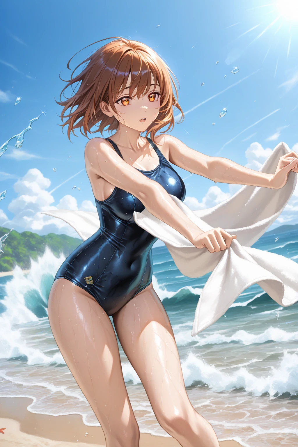 drawing of a woman in a bikini walking down a street, realistic proportions sfw, anime proportions, ecchi anime style, hands behind her body pose!, ecchi style, realistic body proportions, oppai proportions, colored sketch anime manga panel, realistically proportioned body, character is in her natural pose, attire: bikini, anime pose, in a yellow bikini