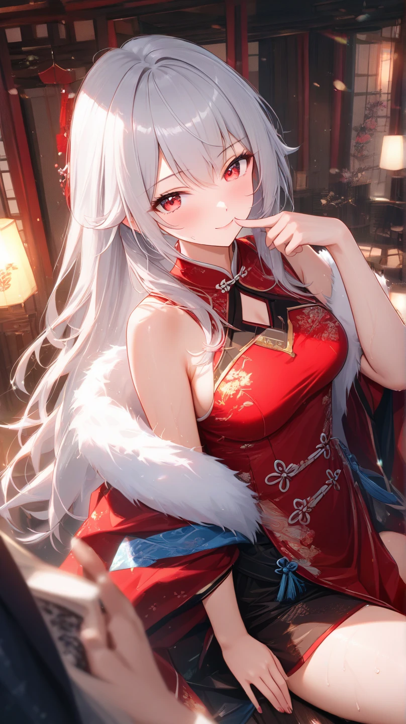 masterpiece, best quality, finely detailed, high resolution, maximalist, by artgerm, 8k anime artwork, 8k photo, trending on artstation. A 20-year-old, beautiful chubby girl, adorned with strong pink makeup, wears a striking white and red long and closed qipao. Her silver-blue eyes, brilliantly detailed, sparkle with a sensual yet slightly evil smile. Her lips, too, are delicately rendered, enhancing the overall seductive appeal. Her very long, silver hair cascades down, forming a long white ponytail, accessorized with a light and transparent veil that oozes charm