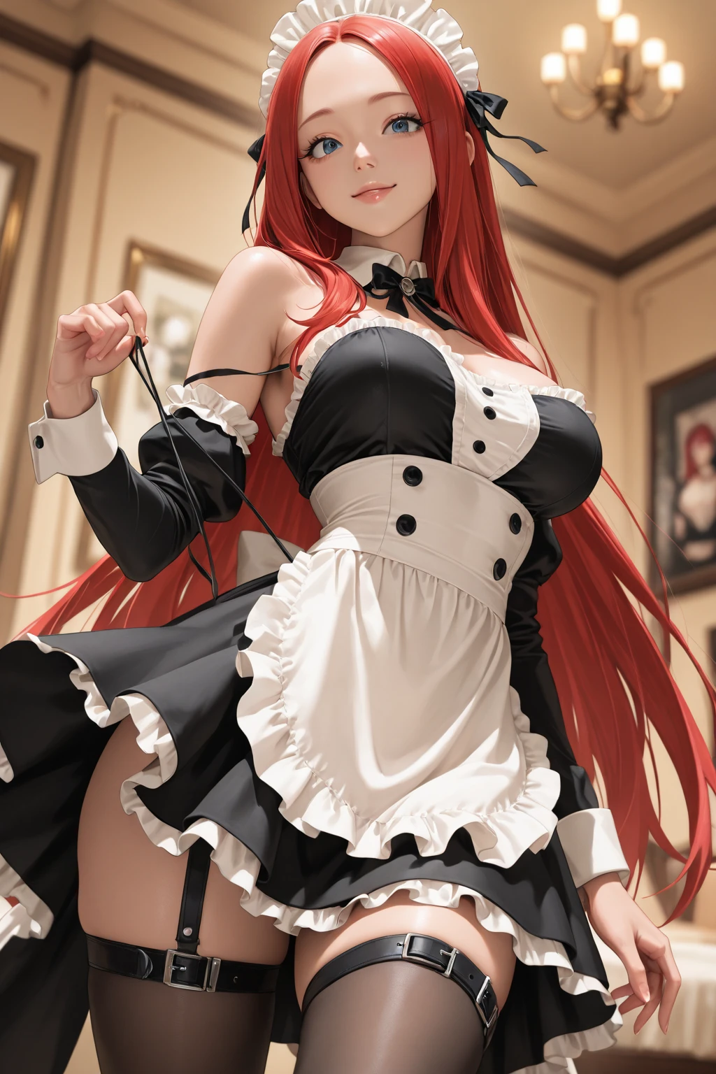 (masterpiece, best quality, ultra detailed, absurdres)1.5, 1girl, (sexy, beautiful woman, perfect face, perfect eyes, perfect female body, huge breasts)1.5, (maid, red dress, white apron, black thighhighs, red garter belt, red high heels, long hair, black hair, blunt bangs, black underbust corset, <lora:underbust_corset-1.0:0.8>, <lora:cute_maid-1.0:0.8>), (standing, modern mansion, skirt lift), perfect lighting, smooth, hdr