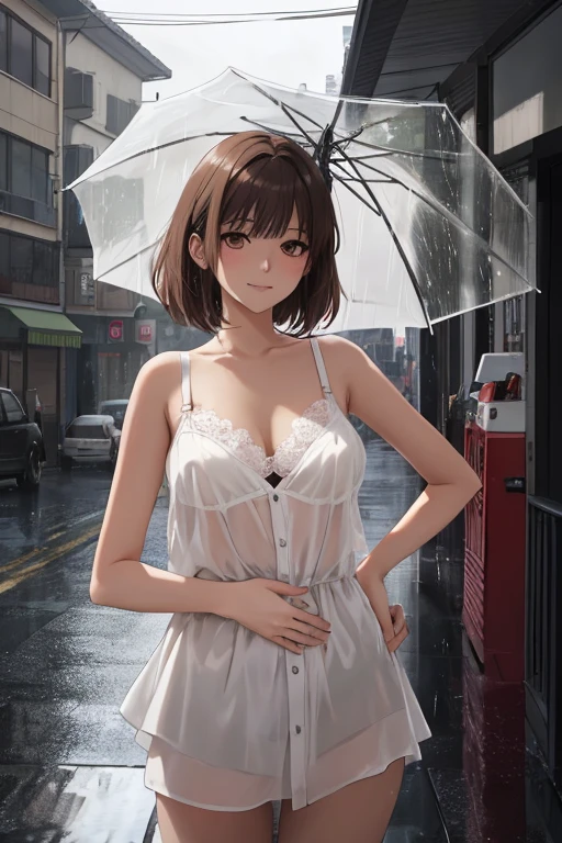 (((Rainy day in town))), Very wet from the rain, ((Fashion Model), (((A formal dress that is wet and transparent from the rain))), (skirt), (pantyhose),)), , ((Shiny Costumes)), skindentation, skinny, solo, 1 woman, Masterpiece, highest quality, highest quality, 16K, incredibly absurd, highly detailed, 2.5D, ai-generated, delicate and dynamic, very delicate facial expressions, delicate eye depiction, erotic, only sexy woman, ((A cute and kind face)), healthy figure, ((25-year-old woman)), 160cm tall, medium firm swaying bust, Sweat,Embarrassed,sexy, ((thin thighs)),, (camel toe:0.7), , (Erect nipples,:0.7), shiny and lustrous, facing straight at viewer, (((in heat))), ((Oily_skin)), ((Lots of sweat)), (((Brown Skin))), ((dutch angle)), ((erotic pose)), ((City sidewalk in midsummer)),, (((Very dynamic pose))),