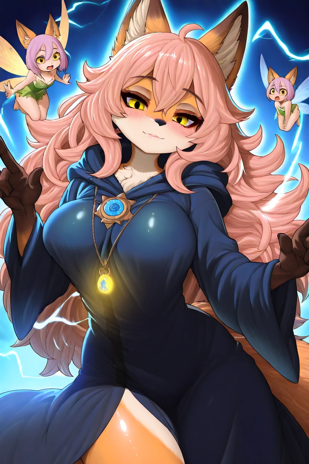 by fluff-kevlar, by ouka, by Kilinah, (((woman, breasts, antrum, extremely detailed, extremely detailed legs, extremely detailed arms, extremely detailed face, perfectly detailed eyes, perfectly detailed anatomy))): 1.2, Ninetales from Pokemon, Ninetales, anthro, female, fox, high definition, good anatomy, yellow fur, yellow body, simple background, highly detailed face, multiple tails, dark lighting, moody lighting, full body, sexy body, slanky body, sexy face, nice, hot, cute, pawpads, paws, showing feet, magical levitating, blushing, friendly smile, smile, friendly, elegant, dark, mysterious, alluring, beautiful, yukata, elegant tattoo on hips, lightning, holding magical projectile in hand