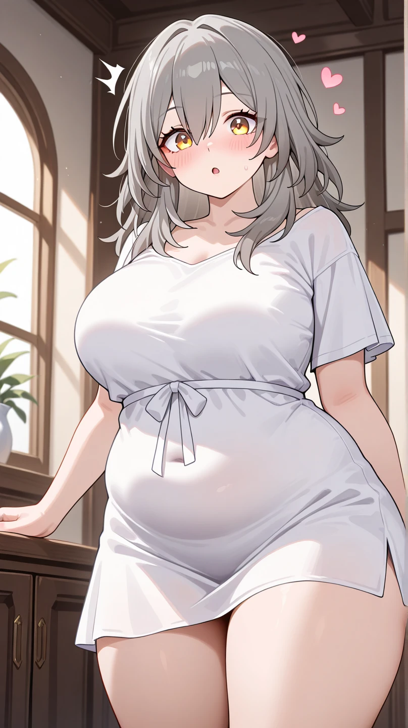 Cleavage、Huge breasts、blush、Sweat、In the heat、Long white hair、Braiding、uzaki_luck、
{Highest quality}, {so beautiful}, {Very detailed}, {Best illustrations},living、srimk:1.5、Pregnant women、Camisole dress(tight)