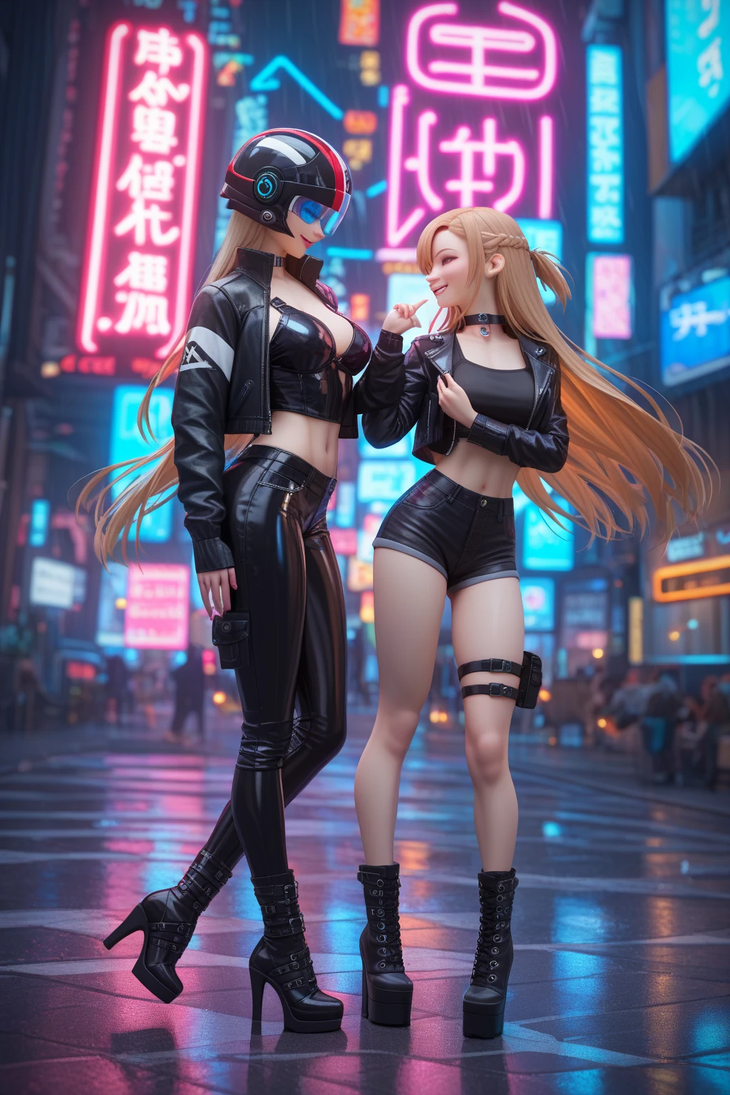 ((best quality)), ((masterpiece)), (detailed), 1girl, 8k_wallpaper, extremely detailed eyes, extremely detailed body, (large masterpiece digital art), ((perfect anatomy huge chest)), (intricate details:1.3 ), (ultra-detailed:1.3), (sharp focus:1.3), (natural lighting:1.05), (best quality:1.4), high quality, expressive eyes, full body, tall girl, detailed face, beautiful face, perfect face, detailed ((blonde hair)), (gold eyes), ({dark skinned female}), gigantic breasts, thick thighs, strong arm and leg muscles, strong abdominal muscles, {{the whole body is covered with yakuza tattoos}}, ((yakuza tattoo model Yerin)), Korean women, wearing a modern short black cloth jacket with rolled up sleeves, (wearing heavy gold colored steel armor), a wide red leather belt with blue steel yarn, steel boots, steel thigh guards, a walkie-talkie attached to his belt, a hiking backpack on his back, riding a motorcycle through Seoul at night, cyberpunk,