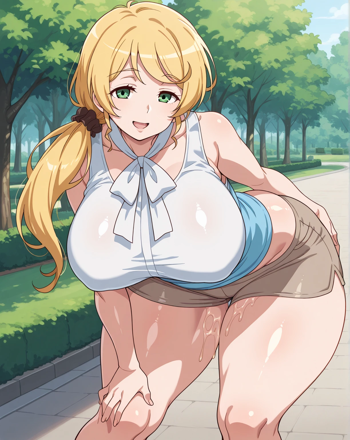 (2000's style, anime screencap, cel shading, clean brush stroke, highly detailed, NSFW, perfect anatomy, high-definition picture), open air, outdoor background, public indecency, exhibitionism (vaginal on vibrator:0.0), full body, 1girl (Solo:1.5), eyebrows visible through hair, blonde long hair, butterfly hair ornament, blue eyes, look at viewer (caring look:1.5) (vulgarity:0.0), smile, soft brush, open mouth (stick out tongue:0.0), (mouth drool:0.0), mature body, full body (completely nude:1.5), skinny arms, (female armpits hair:0.0), (heart hand:1.5), gigantic breasts (alternate breast size:1.5), natural saggy tits (long tits:1.5), wide areolae (ebony areolae:1.5), highly detailed areolae (glands of montgomery:1.5), puffy nipples (inverted nipples:1.5), navel, narrow waist, small ass, pussy (female pubic hair:0.0), narrow thighs, skinny legs, squatting (spread legs:1.2), clitoris, kneepits, tiptoes, no shoes, Sena Kashiwazaki,