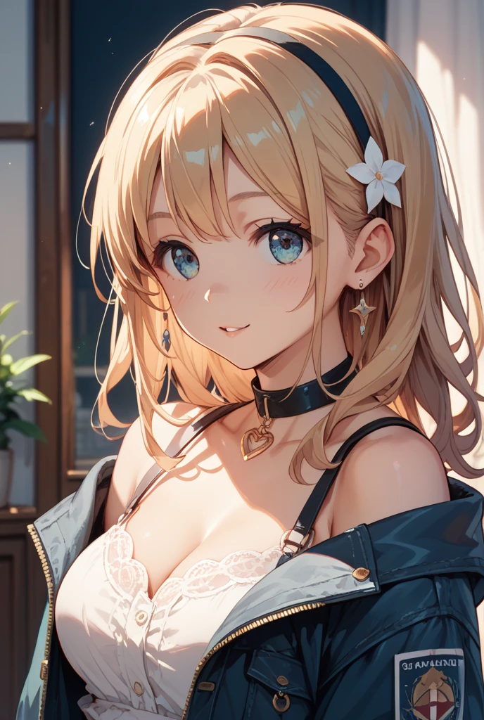 (masterpiece, best quality:1.2),illustration,8k,hd,1girl,solo,upper body,(portrait:1.2),very_long_hair,cleavage,blue_eyes,side_ponytail,thigh_strap,ahoge,large_breasts,off_shoulder,bangs,collarbone,blush,black_choker,sidelocks,strap,underwear,lace-trimmed_bra,blonde_hair,blue_bow,footwear_bow,smile,lace,shoes,hair_bow,hair_between_eyes,white_dress,short_dress,lace-trimmed_dress,long_sleeves,open_jacket,black_jacket,black_bra,open_clothes,pouch,strap_slip,ribbon,black_footwear,lace_trim,bra_peek,brown_hair,black_thighhighs,floating_hair,<lora:Fal(gf)>,