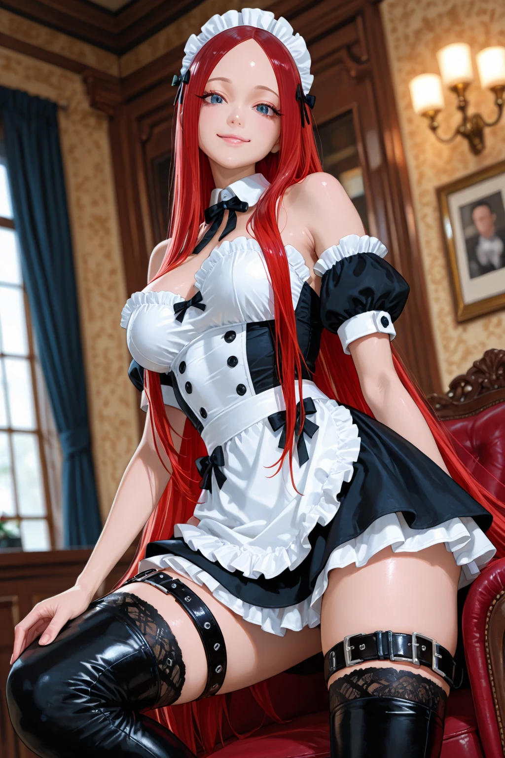 1girl,solo,medium breasts,outdoors,<lora:GoodHands-beta2:1>,(full body:1.2),<lora:0186 houshou marine fan costume_v1:0.9>,ruanyi0186,black thighhighs,bow,detached collar,garter straps,houshou marine,lace-trimmed legwear,white gloves,red dress,maid apron,squatting cowgirl position,(spread legs:1.1),(from behind:1.2),, (masterpiece, best quality, hires, high resolution:1.2), (extremely detailed, realistic, intricate details, highres), 3d, cg, bbw, shiny skin, , blush,, eyeliner, eyeshadow, eyelashes,, (gigantic breasts, saggy breasts:1.1), (cinematic lighting, sunlight, volumetric), looking at viewer, simple red background, vintage fantasy, 1960s \(style\), film grain,