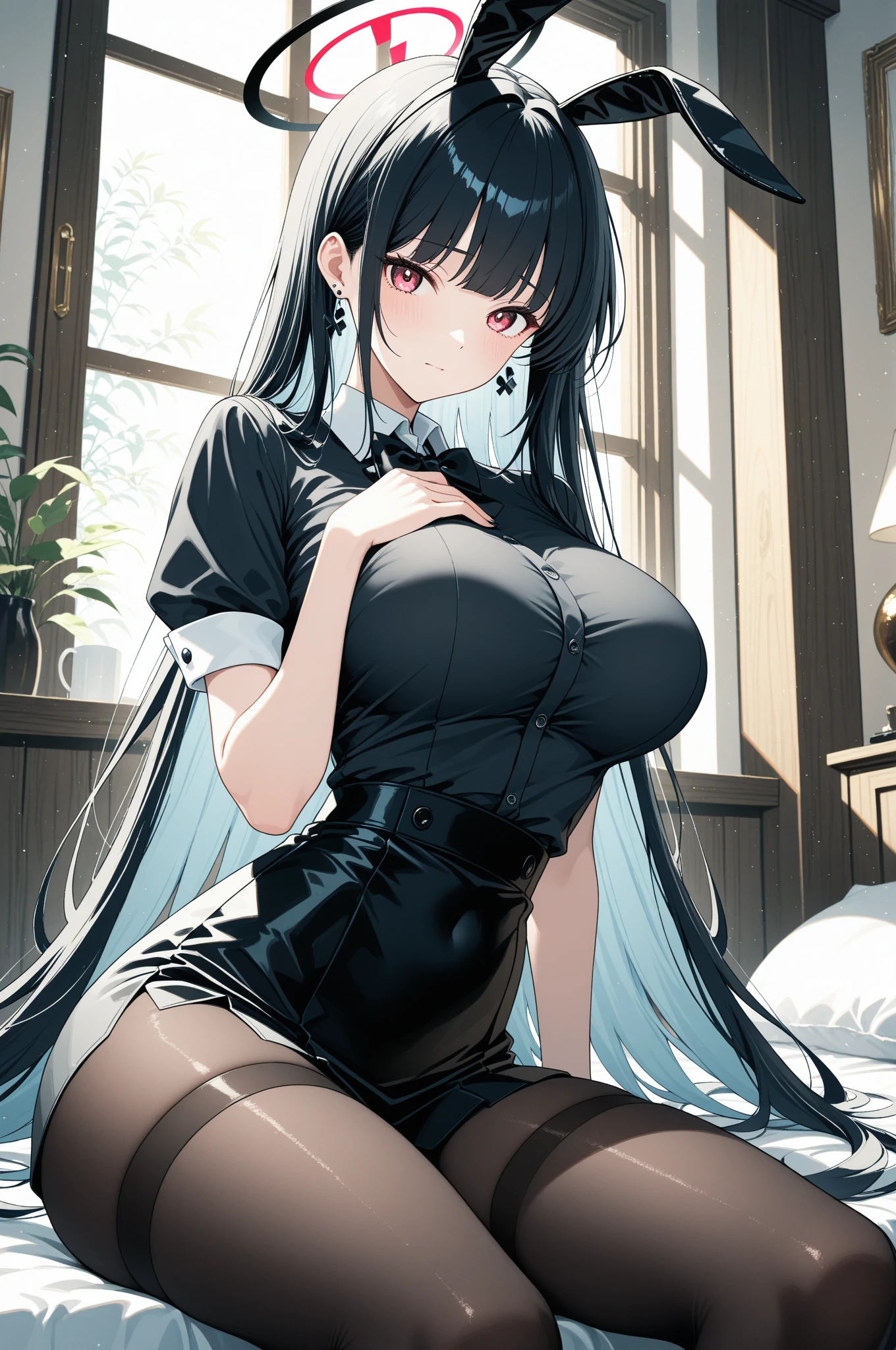 a woman, beautiful woman maid, tall, sexy body, slender seductive body, adult, Erina Nakiri, maid, French maid, long hair, black hair, straight hair going down to her back, wearing a long silver earring in her ear, her eyes were ruby red, she wore a nose ring, professional face, happy experiment, her face was perfect, delicate face, extremely feminine, an adult woman wearing a formal maid shirt, long sleeves, black skirt, white apron, stockings and heels tall, her right hand was holding the earring in her ear, posing from the front, ((large breasts)), perky breasts, promotional breasts on her body, perfect waist, above average ass, black lace fishnet stockings, scenery sitting on a table , inside an ancient castle, with open window showing the sunset